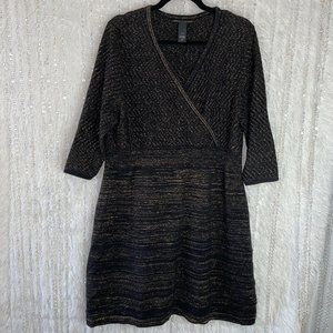 LANE BRYANT Faux Wrap Dress SIZE 14/16 Black & Gold Metallic Sparkly 3/4 Sleeves